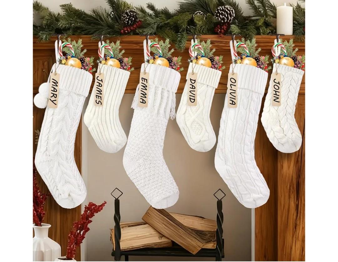 Celltestria 6pcs Knitted Christmas Hanging Stockings Decoration, 18Inches 15inch Cream White Ivory Large Cable Xmas Personalized Knit Stocking with Name Tags for Home Farmhouse Holiday Party Decor