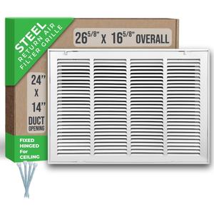 Fits 24x14 Duct Opening | Steel Return Air Filter Grille by Handua [Fixed Hinged] for 1-inch Filters | Vent Cover Grill for Sidewall and Ceiling | White | Outer Dimensions: 26 5/8"W X 16 5/8"H