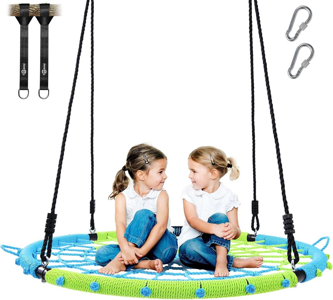 Trekassy 750lbs 40" Spider Web Saucer Tree Swing for Kids Adults, Outdoor Net Swing with Steel Frame and 2 Hanging Straps-Blue+Green (Patented)
