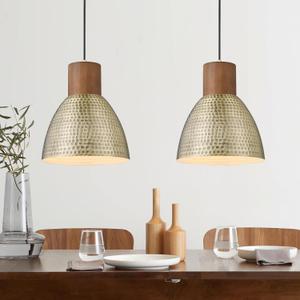 ELYONA 2 Pack Hammered Pendant Light Fixtures, 10.2" Vintage Metal Solid Wood Hanging Bar Lamp, Mid Century Antique Gold Pendant Lights for Kitchen Island, Farmhouse, Dining Room, Brushed Brass (Medium)