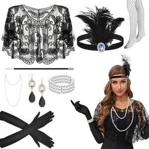 8 Pcs 1920s Accessories Set Womens Feather Headband Pearl Necklace Earrings Gloves Fringed Evening Cape Scarf