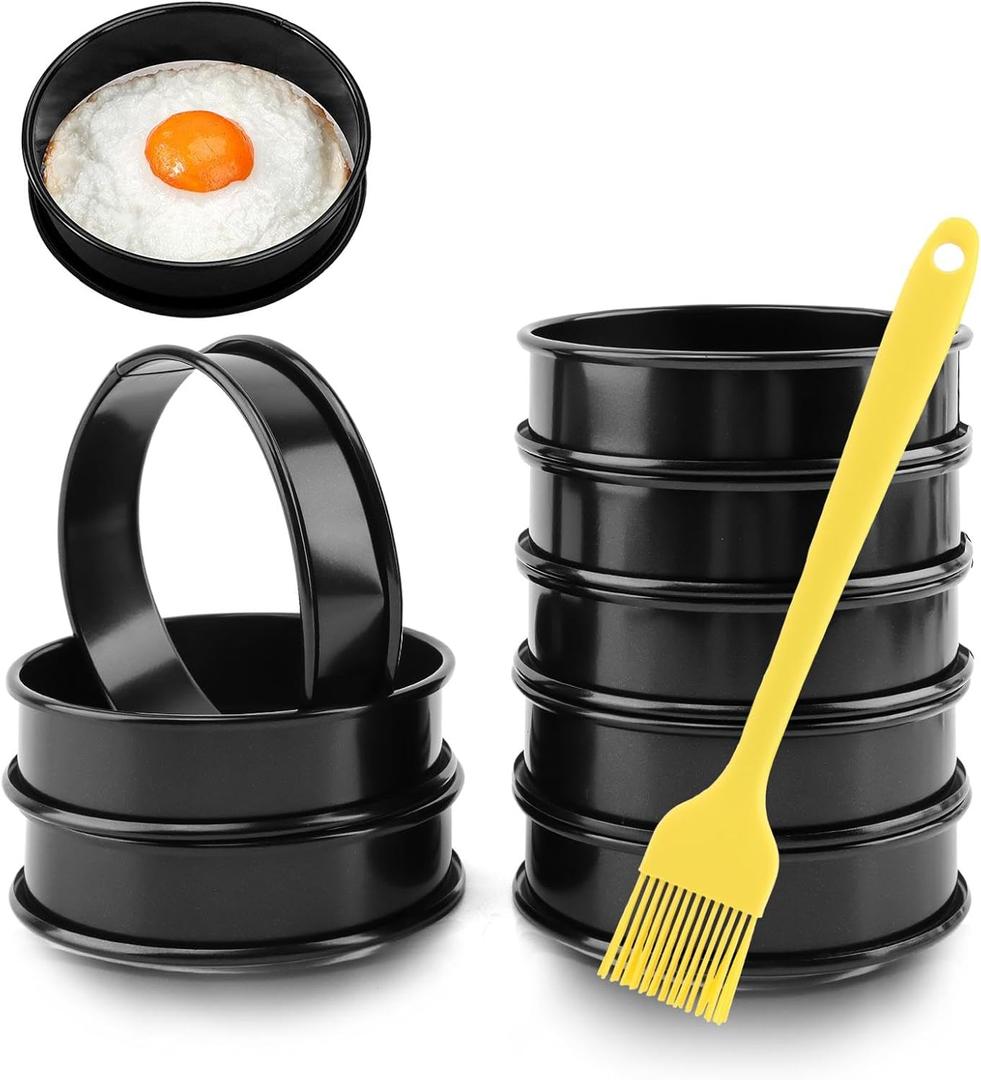 8PCS Crumpet Rings Nonstick English Muffin Rings 4 Inch Stainless Steel Double Rolled Tart Rings Baking Egg Ring Round Metal Pastry Baking Rings with Silicone Brush, Black