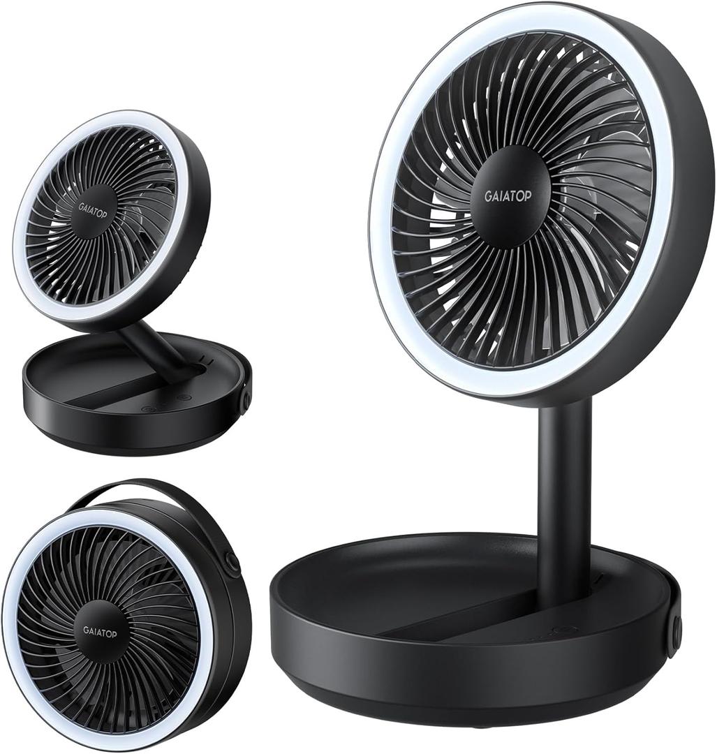 Gaiatop Foldable Small Desk Fan with LED Night Light, Wireless 6000mAh Battery Powered Portable Fan USB Rechargeable, Bedroom Office Dorm Travel Camping Cruise Essentials, Gifts for Women Men, Black