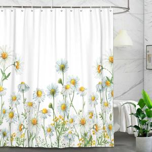 Rustic Floral Shower Curtain, Modern Watercolor Daisy 69x72inch, Natural Wildflower Bath Curtain, White Cloth Fabric Bathroom Curtains with 12 Hooks for Farmhouse Decor