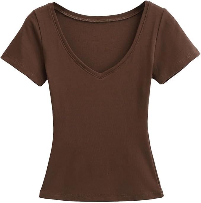 Casual Loose Fit V-Neck Tee Women's Solid Color Short Sleeve Regular Sleeve
, Brown, M
