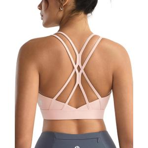 RUNNING GIRL Sports Bras for Women,Strappy Crisscross Back Padded Low Impact Running Sports Bra with Removable Cups (Small, A-baby Pink)