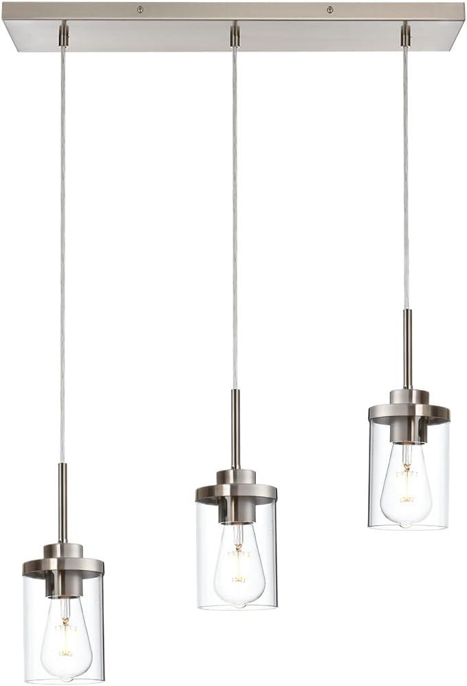 Pendant Lights Fixtures with Clear Glass Shade Brushed Nickel Island Light fixtures 3-Lights Hanging Lighting for Kitchen Island Dining Room
