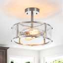 Modern Semi Flush Mount Ceiling Light Fixture, Brushed Nickel Dining Room Light Fixture, 2-Light Glass Foyer Lighting Fixtures 12.8" Small Ceiling Lights for Hallway Living Laundry Room Bedroom