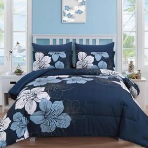 Luxudecor Navy Blue Comforter Set Queen Size, 7 Pieces Bed in a Bag Navy Blue Floral Comforter and Sheet Set, Soft Microfiber Complete Bedding Sets for All Seasons