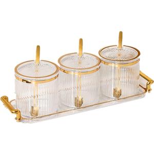 Acrylic Condiment Spice Jars and Box with Lids, Spoons, Tray - 3 Pack, Clear Plastic Canisters, Seasoning Box Set for Salt, Paprika, Sugar - Kitchen Storage (3 Jar, White)