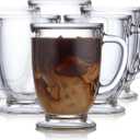Libbey Kona Glass Coffee Mugs Set of 6 , Elegant 16 Ounce Clear Tea Mug , Dishwasher Safe Glass Mugs with Handles for Tea, Coffee,and Espresso