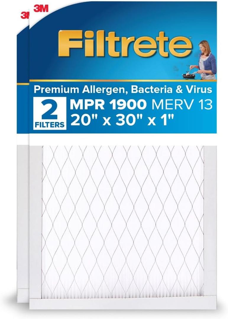 Filtrete 20x30x1 AC Furnace Air Filter, MERV 13, MPR 1900, Premium Allergen, Bacteria & Virus Filter, 3-Month Pleated 1-Inch Electrostatic Air Cleaning Filter, 2-Pack (Actual Size 19.81x29.81x0.78 in)