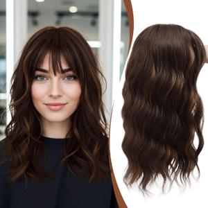 DZFAYESM Hair Topper with Bangs 16 Inch Medium Brown with Highlights Synthetic Wavy Hair Toppers for Women 6.5"x6.5" Big Base Invisible Wiglets Hairpieces for Women Daily Wear