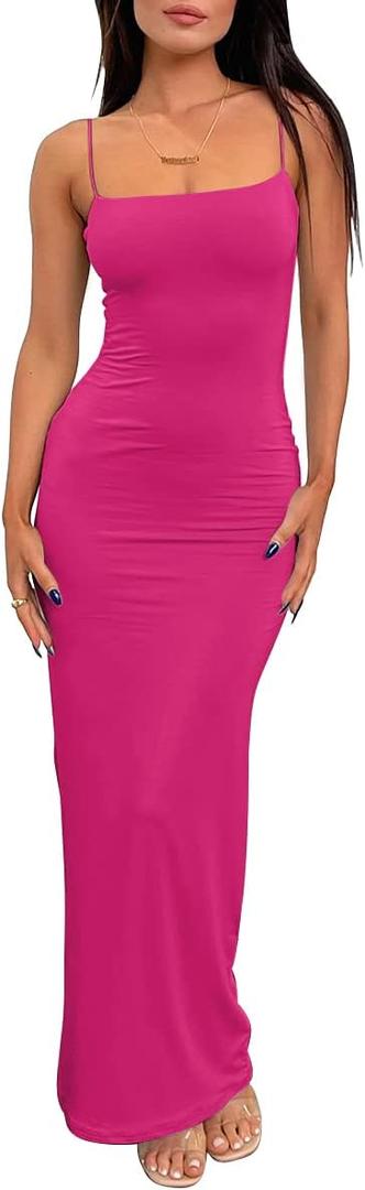 LILLUSORY Womens Summer Casual Slip Dresses Spaghetti Strap Double Lined Bodycon Maxi Dress (Pink, M)