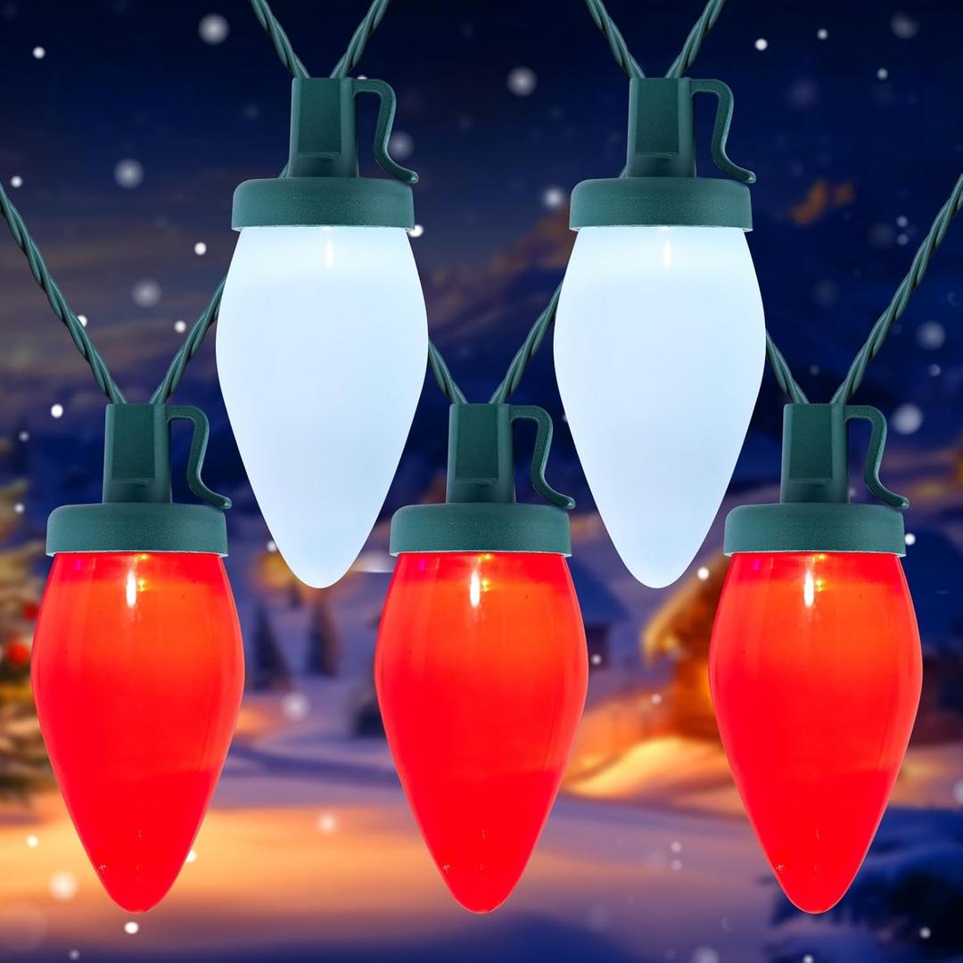 Brightown C9 Christmas Lights Outdoor Waterproof, 66ft Vintage Lights String with 100 Smooth Opaque Bulbs, Plug-in Waterproof Roofline Lights String for Outside Patio Christmas Holiday Decor (Opaque Red and White)