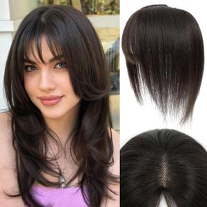 Hair Toppers for Women Real Human Hair, 12 Inch Toppers Hairpieces for Women with Wispy Bangs Upgraded Lace Base for Thinning hair to Add Volume(Dark Brown,12 Inch)