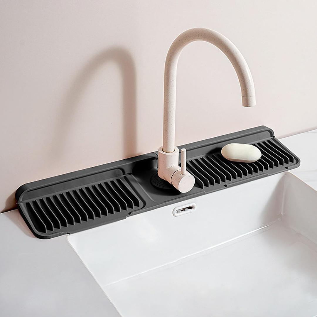 Longer Silicone Faucet Mat for Kitchen Sink  Button Style Faucet Drip Catcher & Leak-Proof Sink Splash Guard with 6 Slope, Behind Faucet Draining Mat,Gadgets for Bathroom (black, large) (23" x 5.5")