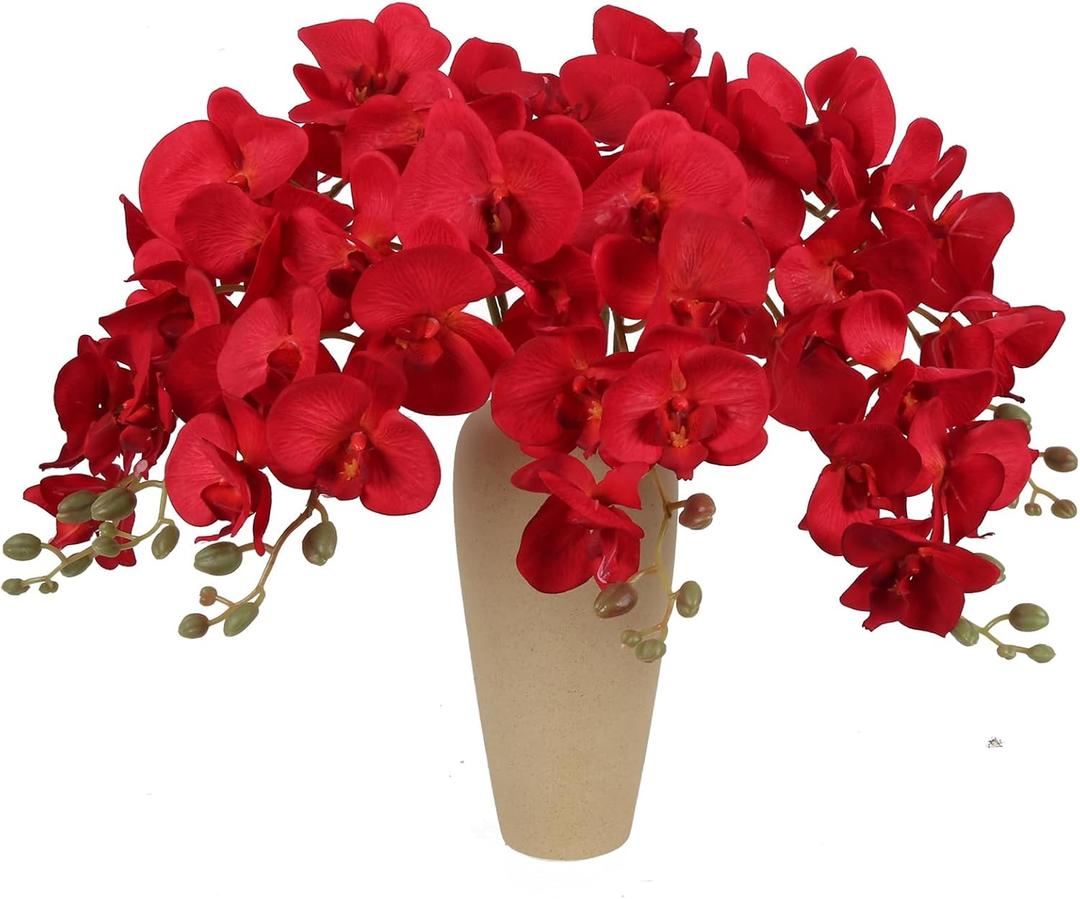 38 Inch 6 PCS Red Orchids Artificial Flowers Fake Orchids Velvet Silk Orchids Faux Orchid Flowers Long Stem Artificial Flowers for Tall Vase for Home Wedding Decoration (Red)