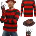 Men Killer Costume Adult Horror Movie Freddy Striped Outfit Accessory Hat Glove Halloween Party Cosplay Props, 2XL