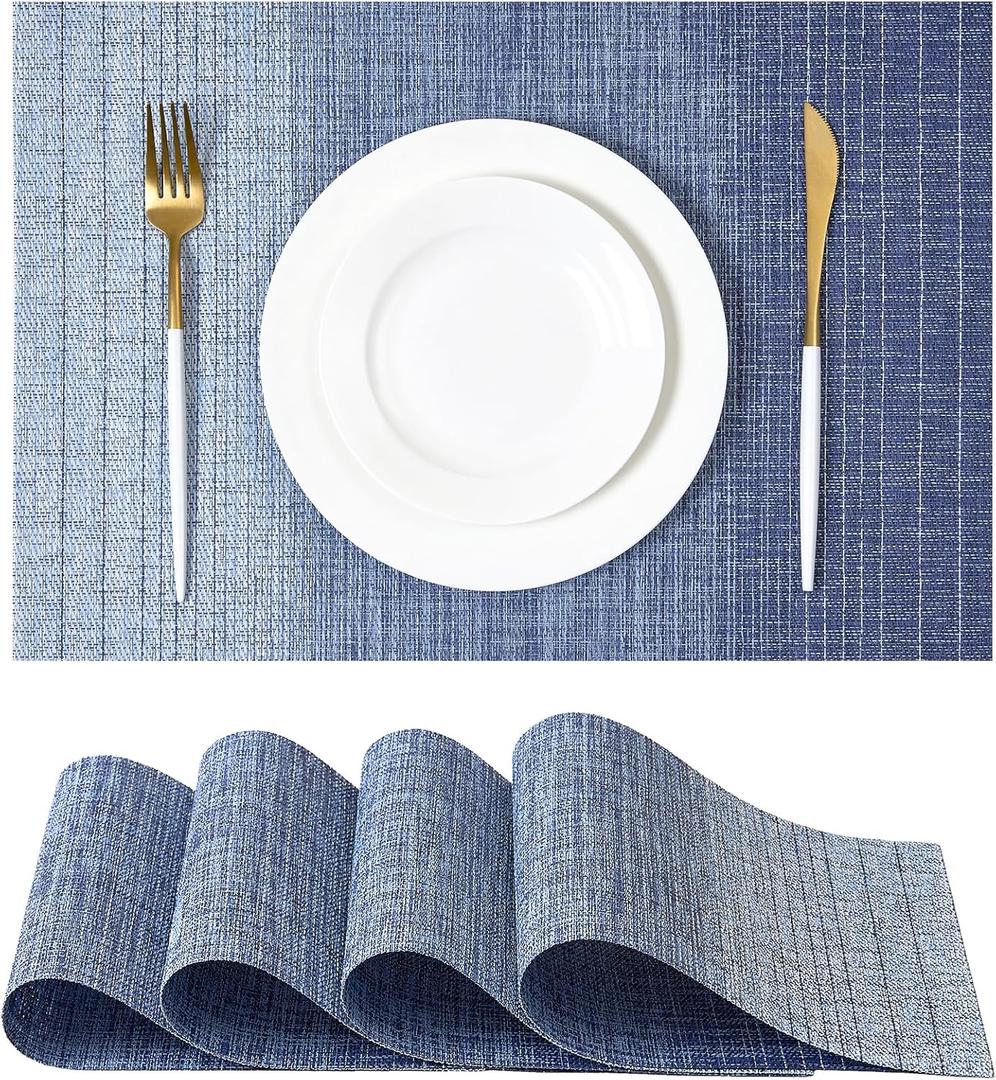 Leetaltree Gradient Blue Woven Placemats Set of 4 - Heat Resistant Non-Slip Place mats for Dining Table, Washable Durable PVC Vinyl Woven Table Mats(Gradient Blue, 4)