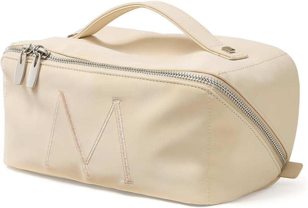 EACHY Travel Makeup Bag, Large Capacity Cosmetic Bag for Women, Waterproof PU Leather, Flat Open Portable Toiletry Bag for Skincare, Brushes & Travel Essentials (Medium, AO-Beige-M)