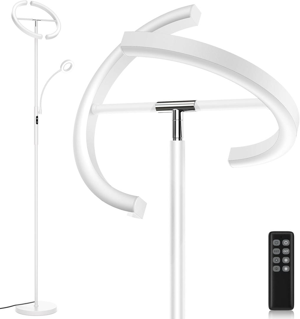 White LED Floor Lamp - Dimmable 2 Lights Standing Lamp with Remote&Touch Control, 4 Color& 10 Brighness Adjustable Floor Reading Light, Modern Tall Lamp for Living Room Bedroom Office Corner