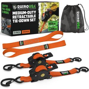 Rhino USA Retractable Ratchet Straps (2-Pack) - 1 Inch x 10 Feet (1,209lb Break Strength) - Auto Self Retracting Tie Down Straps for Truck, Cargo Trailer, Motorcycle, ATV, UTV - Orange