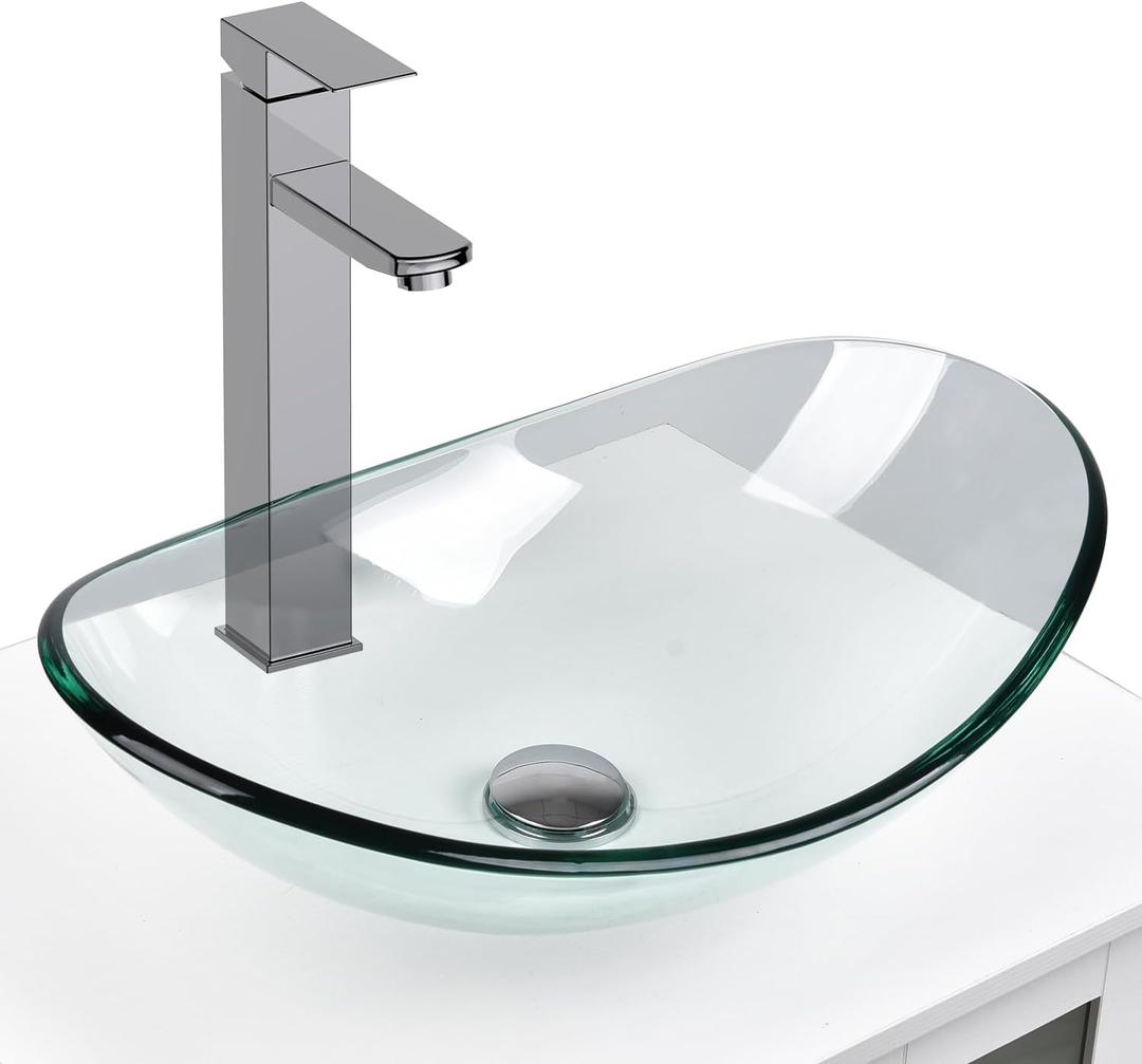 Bathroom Boat Shape Artistic Glass Vessel Sink Free Chrome Faucet and Pop-up Drain Set, Clear