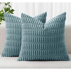 MIULEE Pack of 2 Corduroy Decorative Throw Pillow Covers 18x18 Inch Soft Boho Striped Pillow Covers Modern Farmhouse Home Decor for Summer Coastal Sofa Living Room Couch Bed Coastal Blue