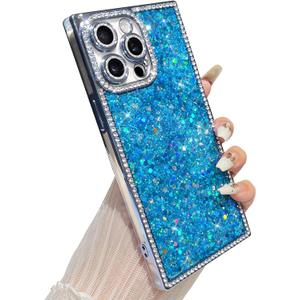 Yeddabox for iPhone 14 Pro Max Case Glitter, Luxury Sequin and Diamond Bumper Cover with Reinforce Corner, Soft Shockproof Protective Electroplated Case for iPhone 14 Pro Max for Women Girls, Blue