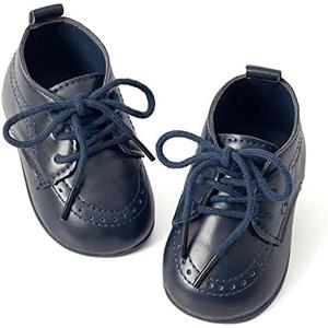 Meckior Infant Baby Boys Girls Classic PU Leather Wedding Loafers Brogue Toddler Oxford Dress Shoes First Steps Walking Flat Lazy Crib Shoe, Navy, 4