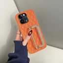 Luxury Compatible with iPhone 14 Pro Max Case with Glitter Diamond Stand, Soft Quilted Leather Design for Women & Girls 6.7" (Orange)