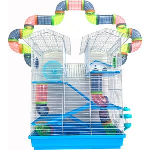 5-Floors Large Twin Tower Syrian Hamster Rodent Gerbil Mouse Mice Rat Home Cage with Crossover Tube Tunnel Expansible and Customizable with Hide House Running Wheel Food Dish Water Bottle