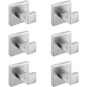 Nolimas Towel Hook Stainless Steel Bathroom Rustproof Clothes Towel Coat Hook Wall Mounted Square Toilet Kitchen, Heavy Duty Door Hanger, 6 Pack, Brushed Nickel