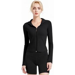 Abonlen Ribbed Hoodies for Women Lightweight Full Zip Up Jackets Long Sleeves Tops Fitted Cropped Sweatshirt Size S, Black