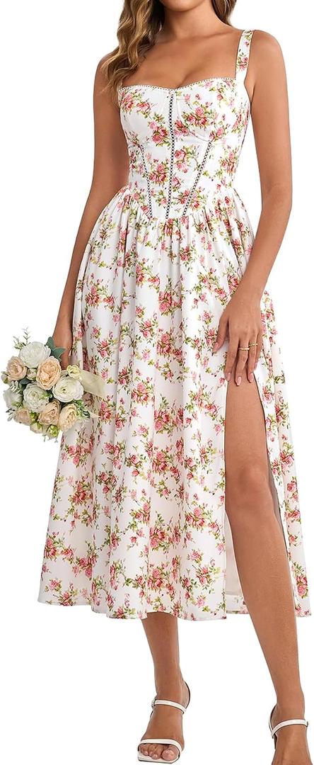 KUTUMAI Floral Corset Midi Dress Flowy Slit Summer Spring Wedding Guest Dresses for Women Sundress with Pockets (White, M)