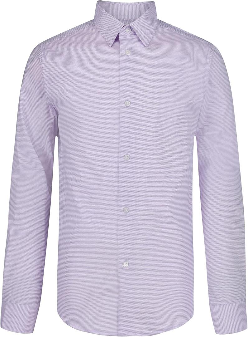 Calvin Klein Boys' Long Sleeve Patterned Dress Shirt, Button-Down Style with Cuffs & Shirttail Hem, Size 12