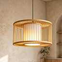 Bamboo Adjustable Height Pendant Light 16" Boho Rustic Farmhouse Chandelier