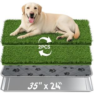 Dog Grass Pad with Tray Large, 35" x 24" Stainless Steel Dog Litter Box with 2 Premium Grass Pads & Reusable Pee Pad - Durable, Rust-Proof, Easy Clean Dog Toilet for Large Dogs Indoor Outdoor Use (Silver + Green)