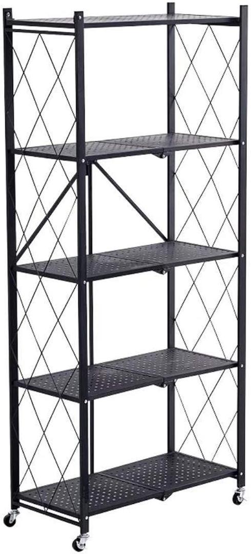 Storage Shelves, Closet Organizers and Storage 5-Shelf Foldable Metal Shelving Units 28" W x 14" D x 65" H for Garage Kitchen Bakers, Collapsible Organizer Rack, Heavy Duty on Wheels (5 SHELF)
