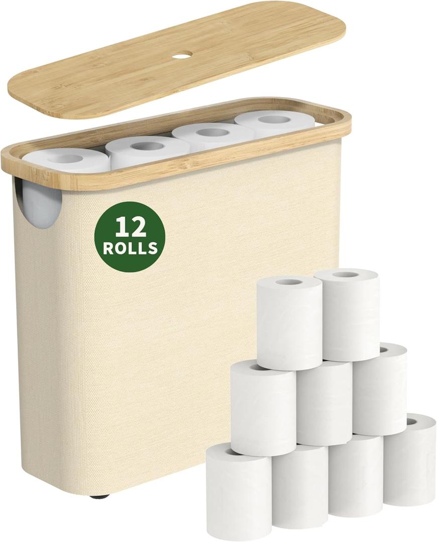Toilet Paper Basket 24L, Toilet Paper Storage with Lid for up to 9-12 Rolls, Waterproof Bathroom Storage Organizer Bin Containers with Bamboo Lid, Non-Slip Bottom (Beige)