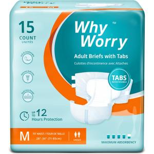 WhyWorry Adult Diapers with Tabs, Disposable Incontinence Briefs for Women & Men with Maximum Absorbency, Adult Briefs for Incontinence Overnight, Odor Control, Unisex, Medium, 15 Count