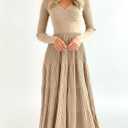 Saodimallsu Womens Long Sleeve Midi Sweater Dress Wrap V Neck Pleated A Line Fit Flare Elegant Knit Maxi Dress