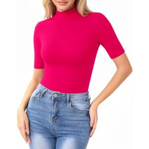MANGOPOP Women's Mock Turtle Neck Slim Fit Long Half Elbow 3/4 Short Sleeve T Shirts Tight Tops Basic Tee (Large, 28 Hot Pink)