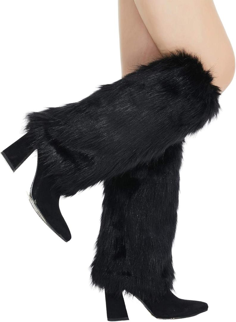 RECECASA Faux Fur Leg Warmers for Women, Fluffy Boot Cuffs Covers for Halloween, Christmas,Furry Costume Cute Cosplay (15.7 inch, Black)