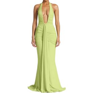 SHINFY Women Summer Halter Maxi Dress Ruched Bodycon V Neck Formal Cocktail Party Evening Dress Green Medium