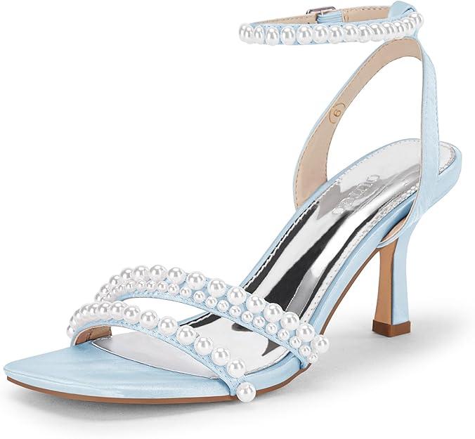 Coutgo Womens Pearl Kitten Heels Sandals Square Open Toe Dress Sandals Ankle Strap Satin Wedding Party Summer Sandals, Sky Blue, size 9.5 Coutgo Womens Pearl Kitten Heels Sandals Square Open Toe Dress Sandals Ankle Strap Satin Wedding Party Summer Sandals, Sky Blue, size 9.5
