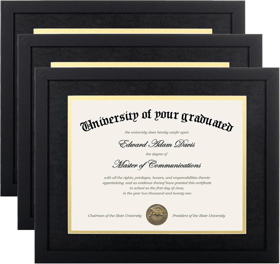 Upsimples 11x14 Diploma Frame Certificate Degree Document Frame with High Definition Glass, 8.5 x 11 with mat for Wall and Tabletop, Black Double Mat, 3 Pack