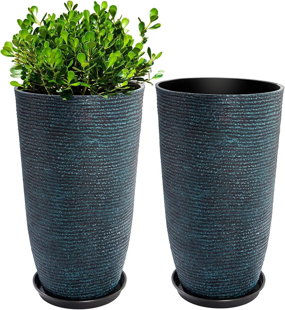 QCQHDU Set of 2 Large Tall Blue Planters with Saucer - 9 Gallon 12" Diameter x 21" H Faux Stone Round Pots for Indoor Plants, Outdoor Patio & Porch Decor, Heavy Duty Weatherproof Plant Containers