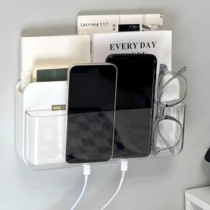 Adhesive Remote Control Holder Wall Mounted Phone Charging Holder Universal Controller Holder Wall Mount Storage Organizer Box No Drilling Home Office Desk (Bedside Shelf)